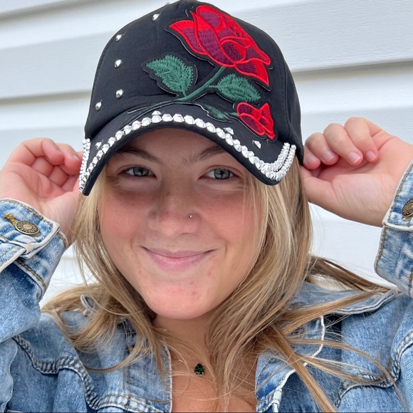 Woman's Floral Rhinestone Embellished Black Baseball Cap - Picture 2 of 5